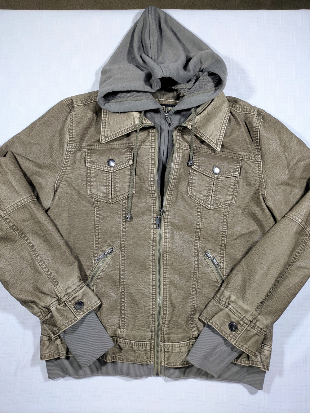 Lock & Love Women's XL Faux Leather Moto Jacket Hooded Taupe Grey